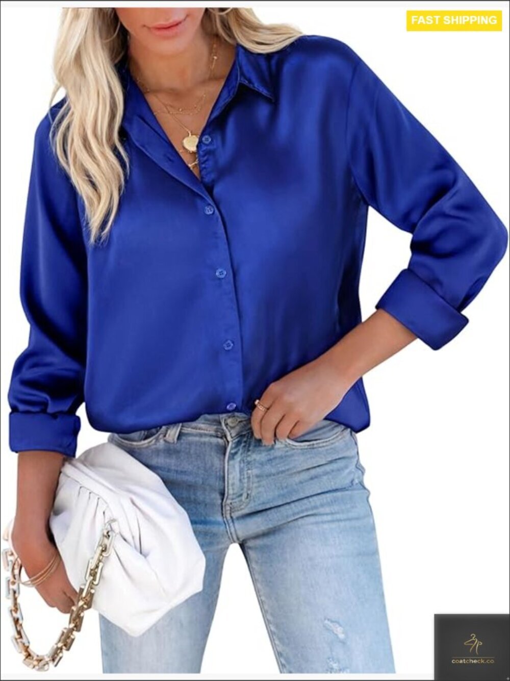 Satin Long Sleeve Button Down Blouse for Women Business Casual V-Neck Top